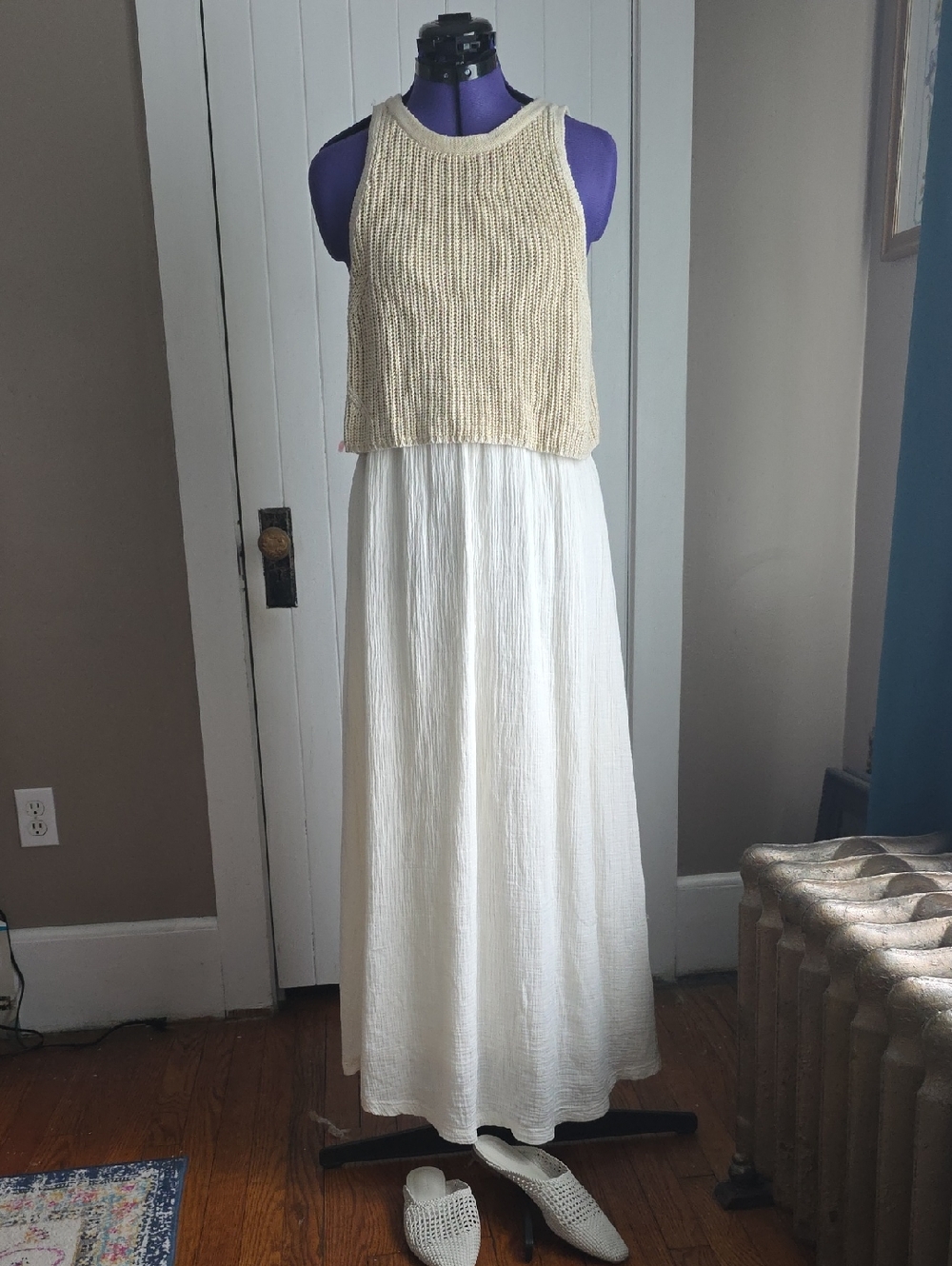 Moth Cream Knit-Overlay Maxi Dress with White Skirt